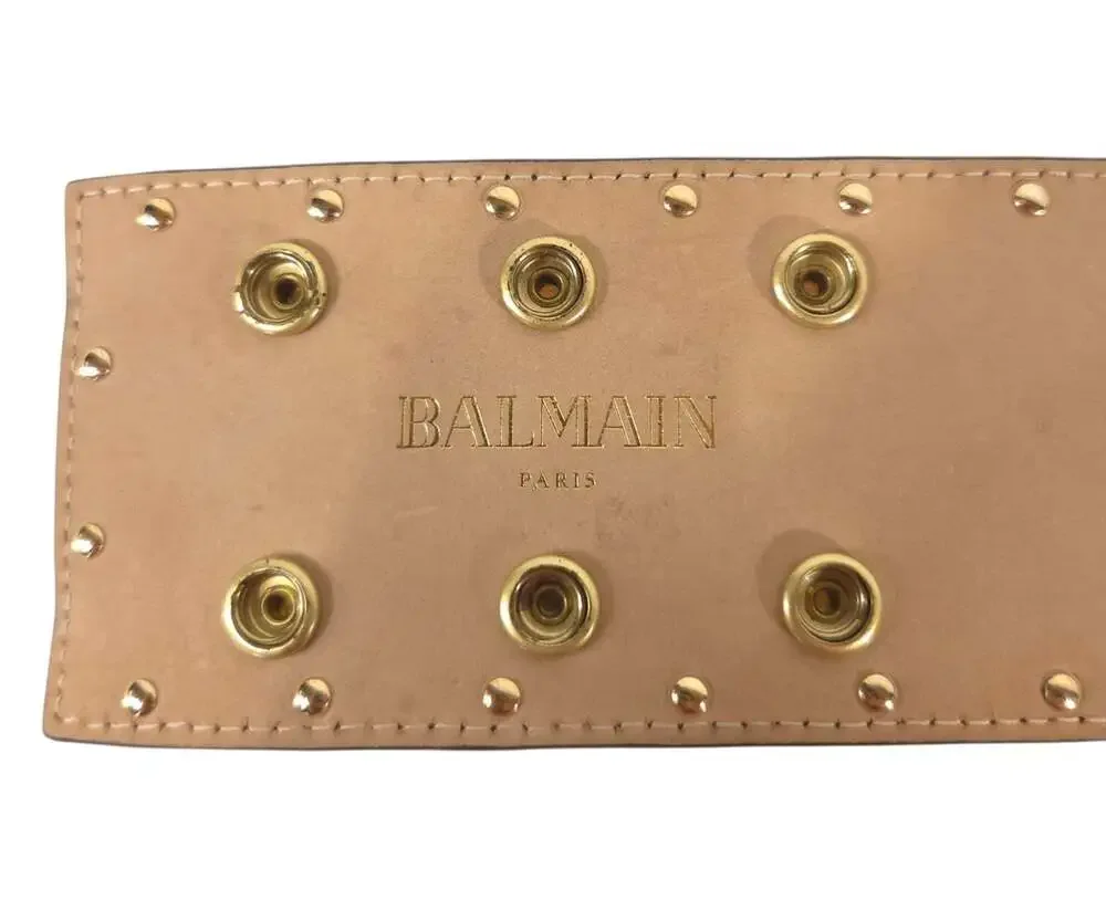 Balmain Statement Logo Lion Head Stud Leather Belt US XS FR 34 Womens Black Gold